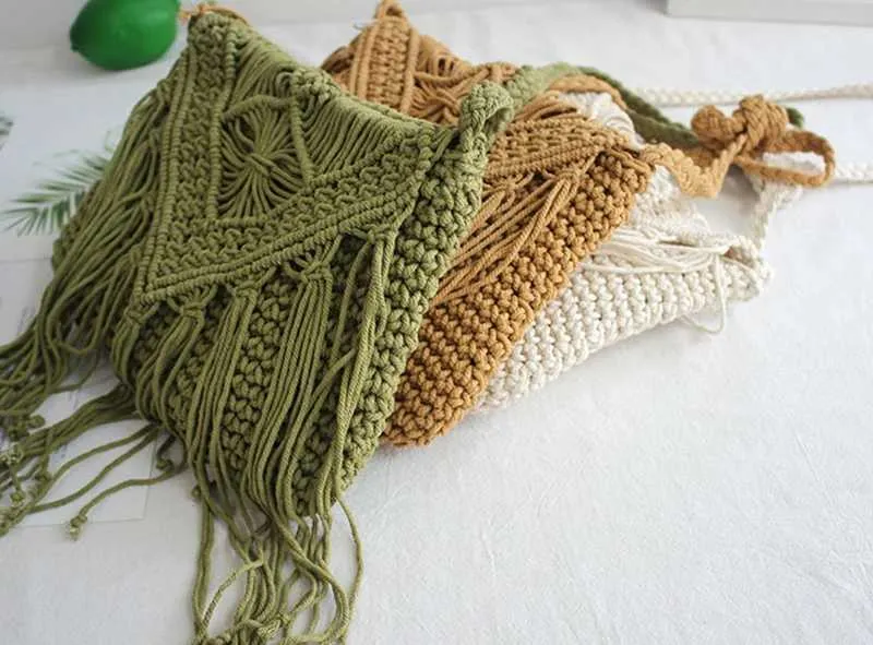 Handmade Cotton Woven Knitted Crossbody Bag With Tassels Vintage_voghion.com