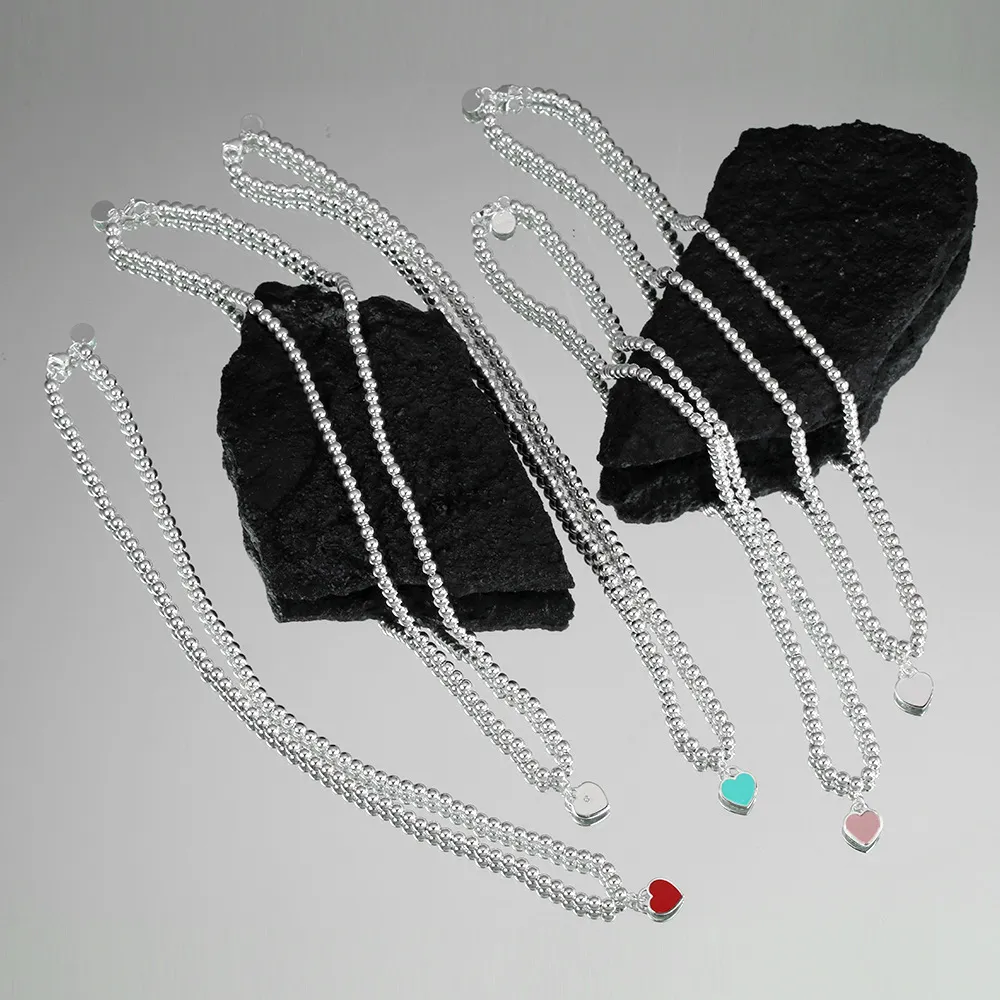 Womens Love Heart Designer Pendant Necklace Jewelry Lovely Cute Pink Blue Beads Sier Link Chain Choker Necklaces Gift_voghion.com
