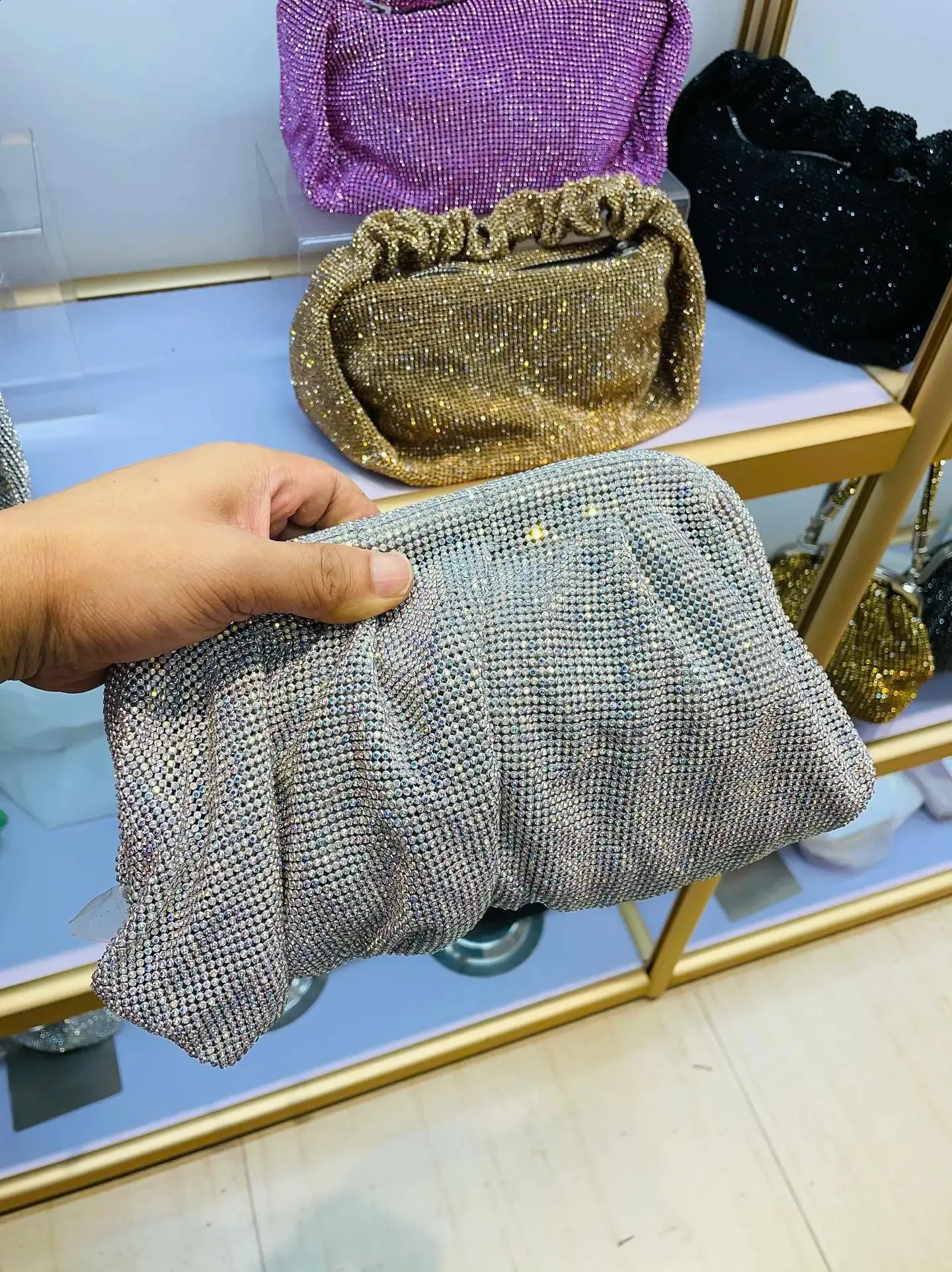 Shell Clip Rhies Handbag For Women Purse Shiny Handmade Dia Shoulder Crossbody Evening Bag 240902_voghion.com