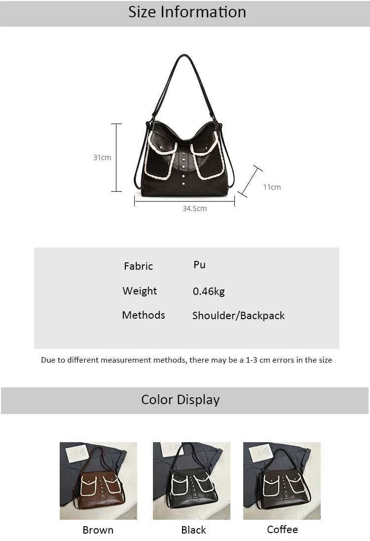 Sac à dos vintage en PU pour femme, sac à bandoulière carré en polaire d'agneau, grande capacité, fourre-tout décontracté pour les déplacements_voghion.com