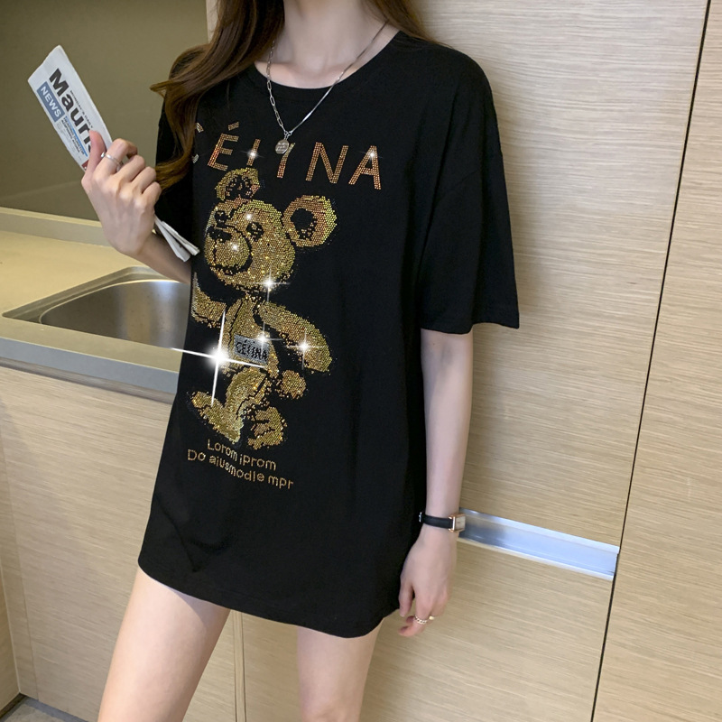 T-shirt estiva a maniche corte nera Bear Hot Diamond da donna in cotone pettinato, versione ampia di media lunghezza_voghion.com
