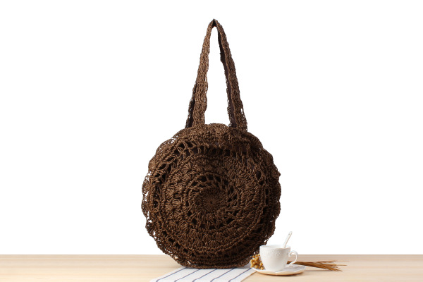 Semplice borsa di paglia a spalla singola rotonda cava, borsa da spiaggia con fiori intrecciati a mano, borsa da spiaggia_voghion.com