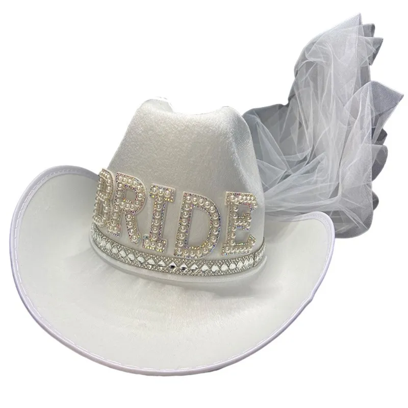 Chapeaux à large bord blanc Dia Fringe Bride Cowgirl Hat Mme Cowboy Bridesmaid Gift Bridal Summer Country Western HatWide_voghion.com