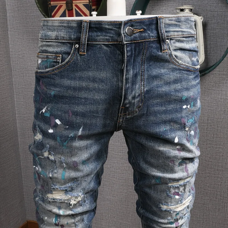 Jean en denim extensible pour homme, coupe motard, coupe slim, patch peint, jambe, pantalon de cowboy_voghion.com