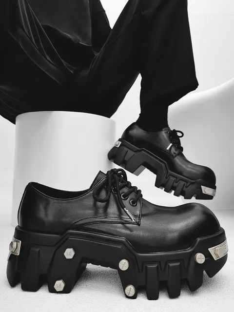 2024 Sapatos punk combinando para homens, cor sólida, cadarço, cavaleiro, feminino, decoração de metal escuro, muffin, plataforma, botas de tornozelo_voghion.com