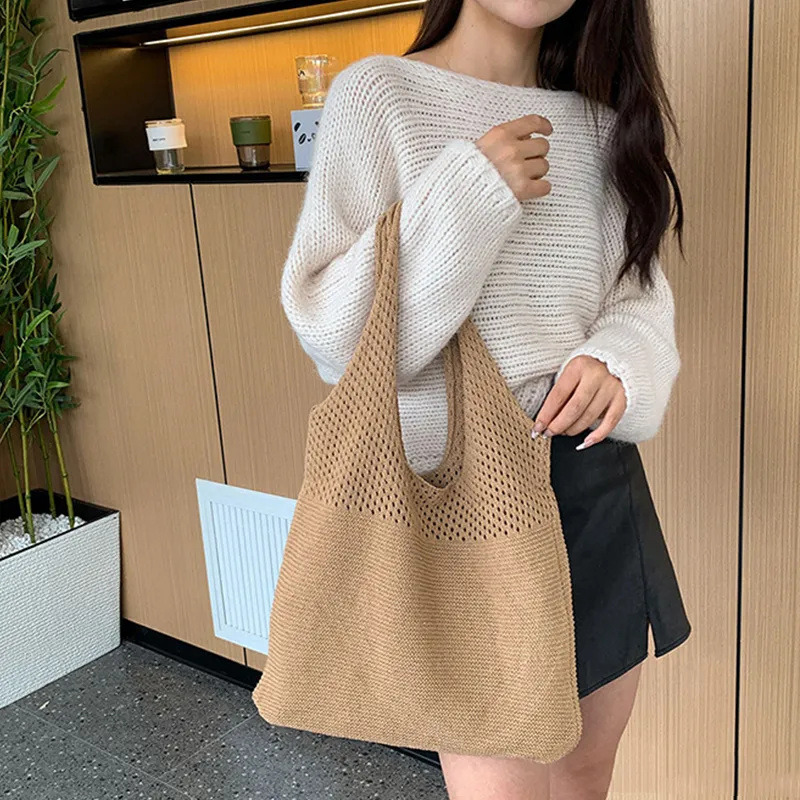 Borse a tracolla di grande capacità, alla moda, da donna, in tessuto cavo all'uncinetto, borse a mano, ecologiche, per la spesa._voghion.com