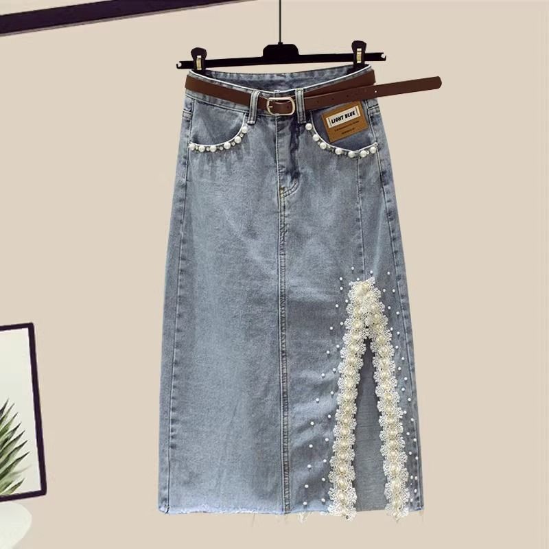 Ensemble deux pièces haut à manches courtes et jupe en jean fendue pour femme_voghion.com