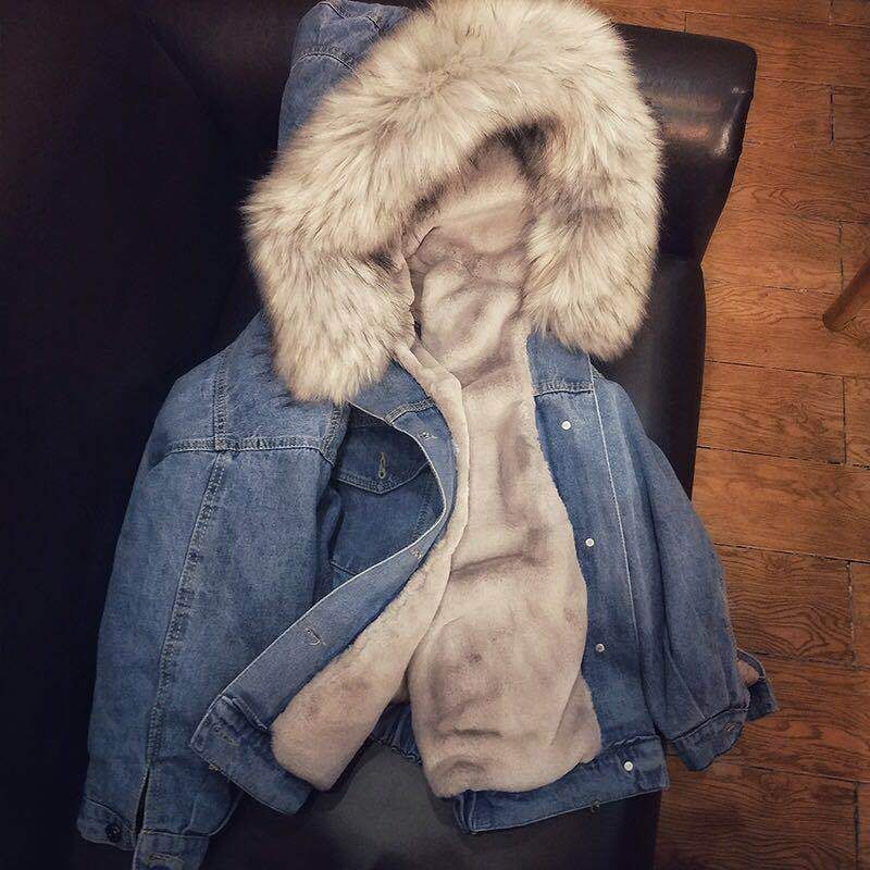 Vêtements pour femmes, hauts en jean à col en fourrure épaisse, vestes courtes amples en coton pelucheux pour femmes_voghion.com