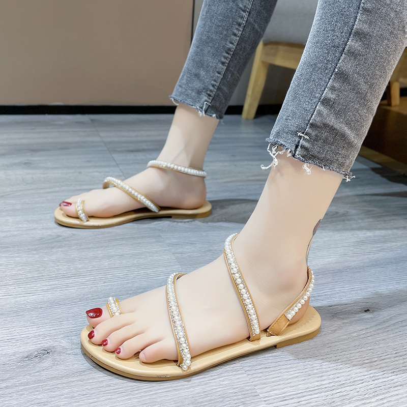 Top estivo taglia 43 con punta perlata per sandali da spiaggia con tacco piatto e perline da donna_voghion.com