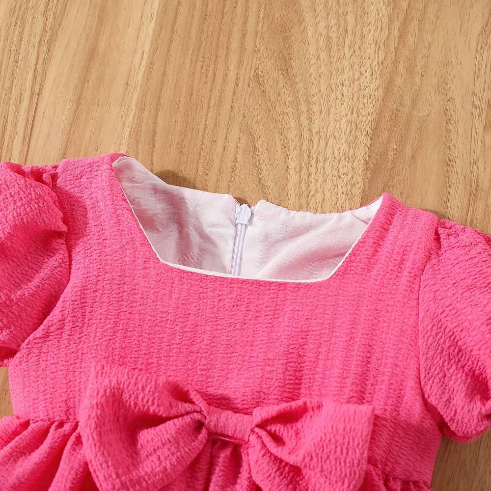 Vestido de verano de manga corta para niña, color liso, con mangas abullonadas y lazo, ropa cómoda para niños_voghion.com