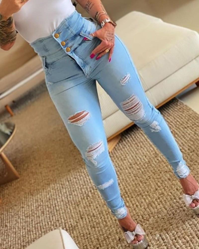 Vêtements pour femmes Nouveaux pantalons en denim slim taille haute Pantalons déchirés à petite jambe_voghion.com