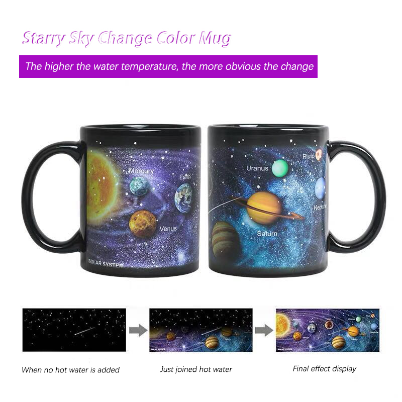 Caneca de cerâmica criativa que muda de cor, caneca de café que revela o calor, presente para amigos, caneca de café da manhã para estudantes, caneca do sistema solar estrela_voghion.com