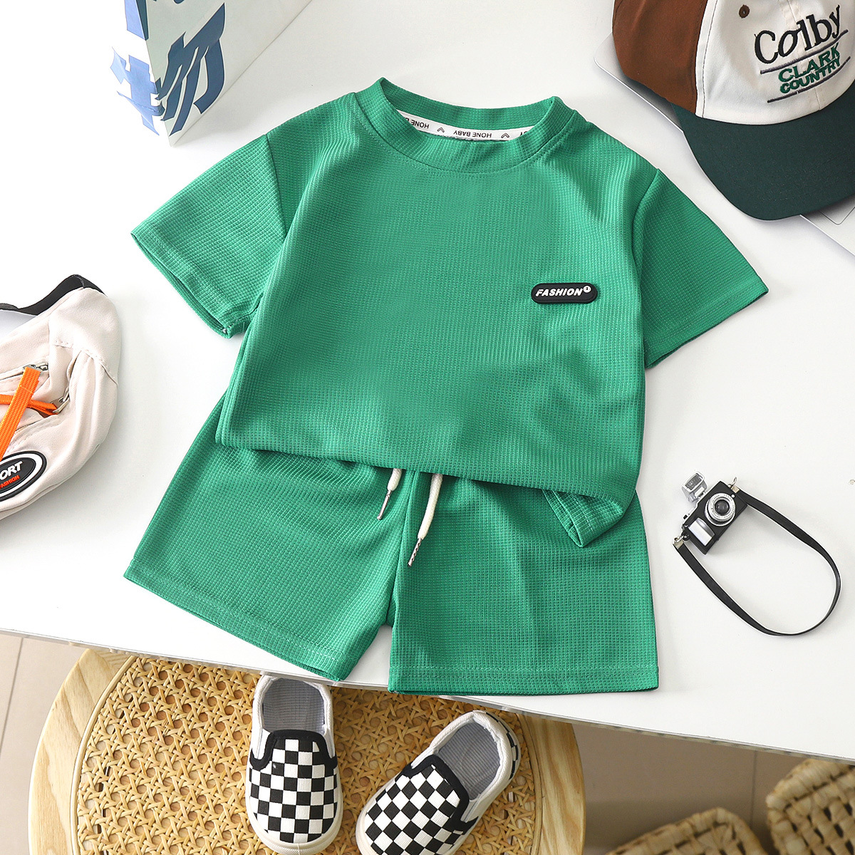 Mother&Kids Children's summer Children's casual suit Loose clothes boys short sleeve waffle baby summer
