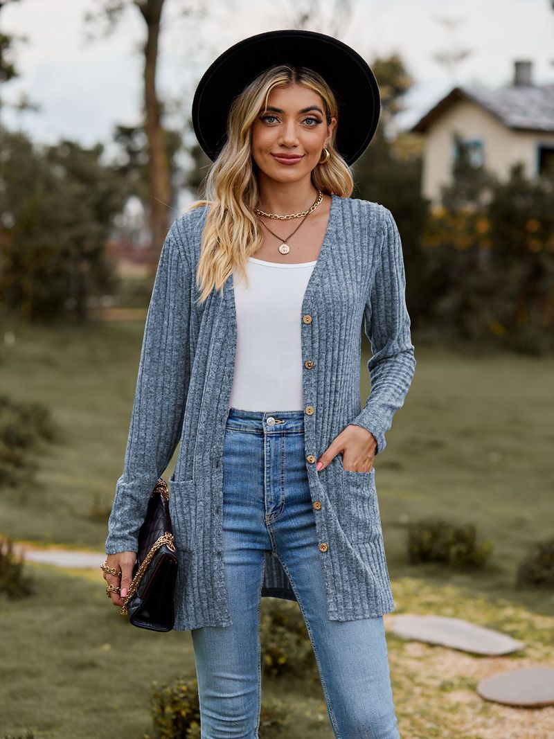 Neue kleidung gebürstet pit streifen einfarbig langarm frauen strickjacke jacke_voghion.com