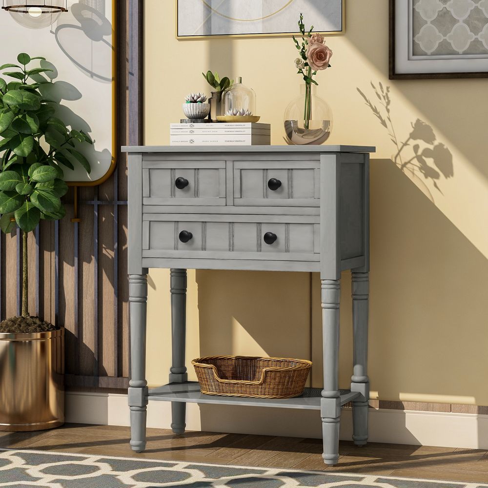 Narrow Console Table,Slim Sofa Table With Three Storage Drawers And Bottom Shelf_voghion.com