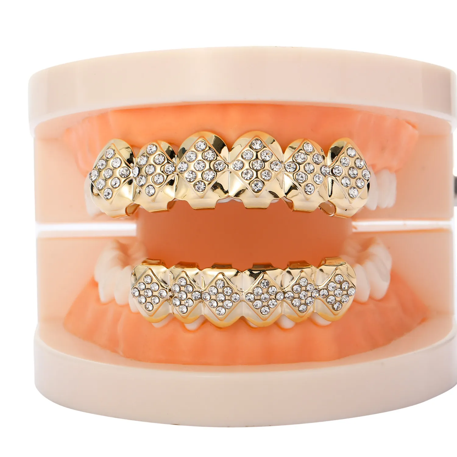 Echtes Gold Vampirzähne Fang Grillz Punk Hip Hop CZ Cubic Zirkon Poker Buchstaben Iced Out Dia Grills Zahnspangen Zahnkappe_voghion.com