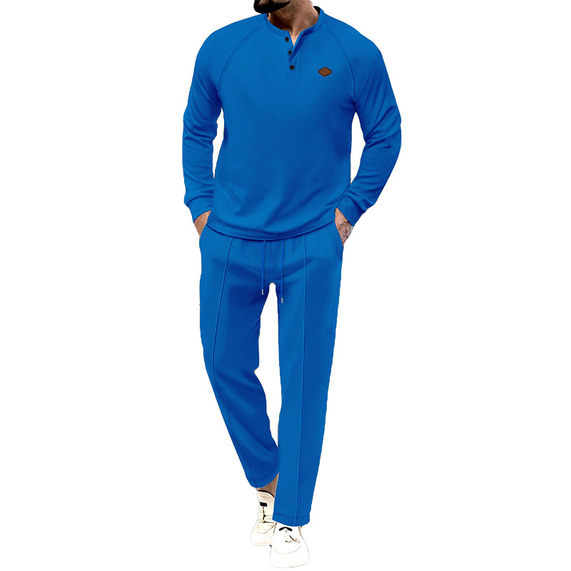 2024 Spring and Autumn New Men's Solid Color Waffler Henley Long sleeved Pants Set_voghion.com