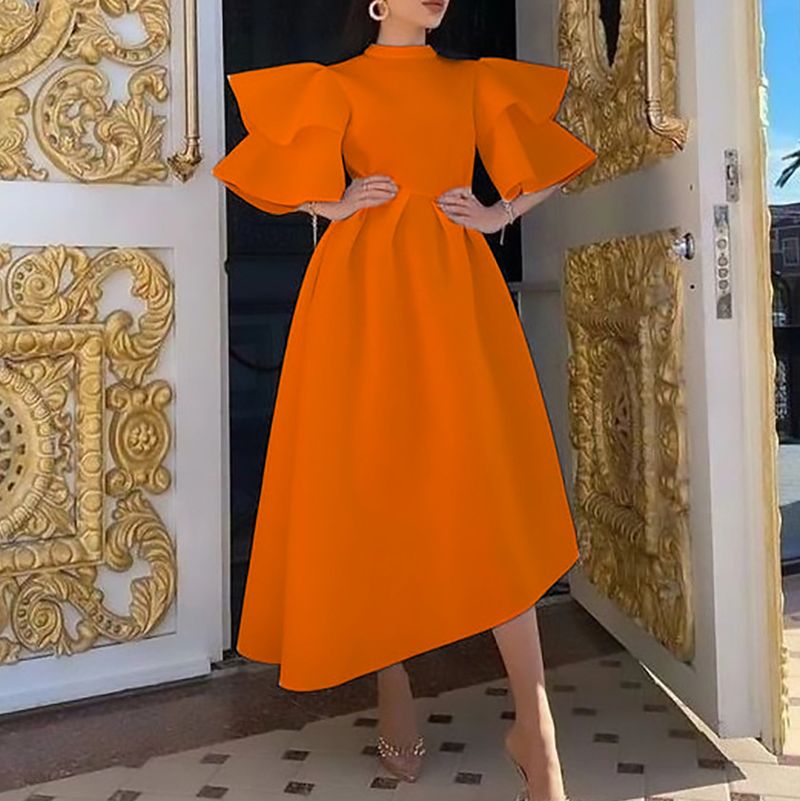Damen Sommer neues doppellagiges Kleid mit Lotusblattärmeln, einfarbig, unregelmäßigem Rock_voghion.com