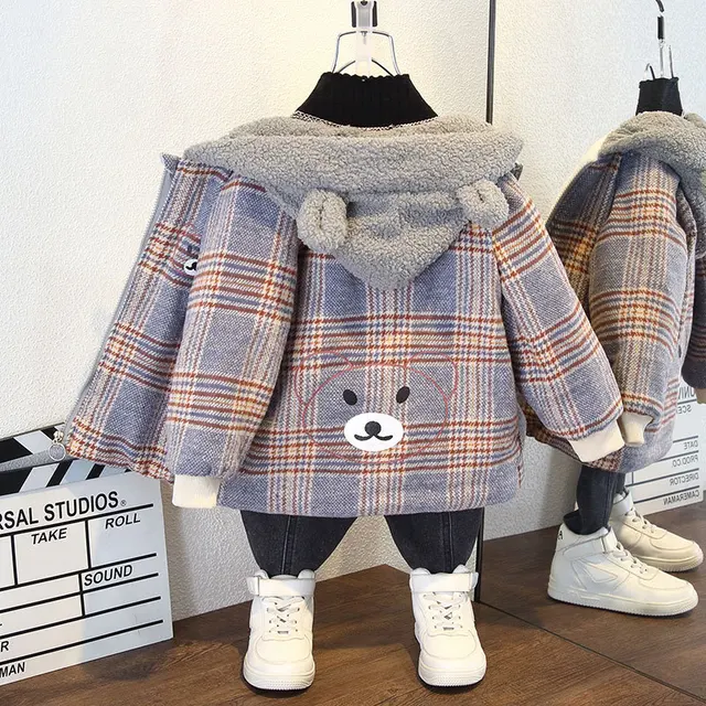 Abrigo de lana holgado y cálido con capucha para niños, de algodón a cuadros, con diseño de oso de bebé, para invierno_voghion.com