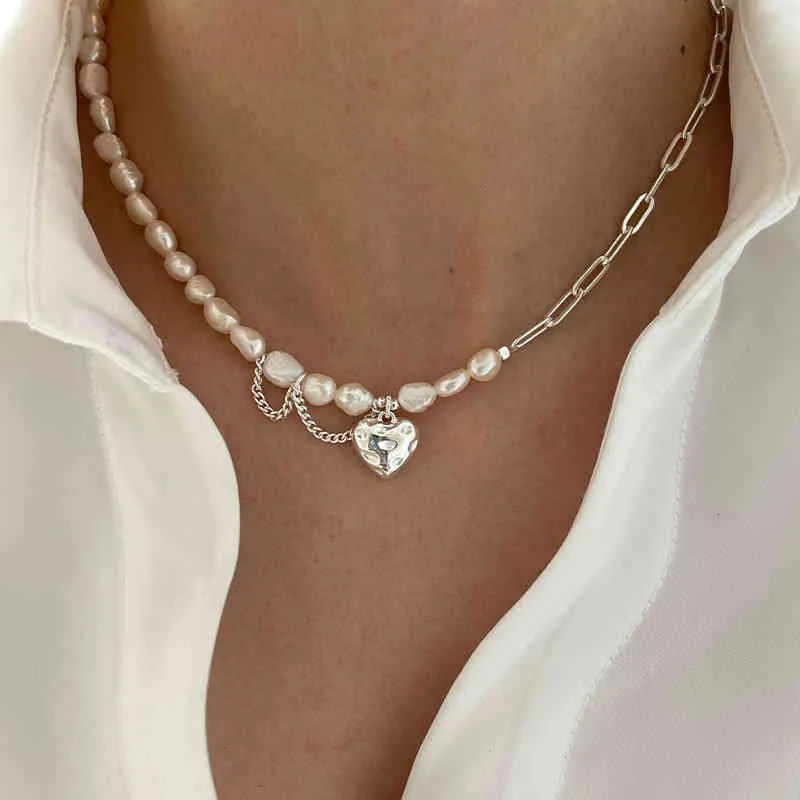 Collana Foxanry in argento Sterling per donna, elegante e alla moda, con catena asimmetrica, perle lisce, cuore d'amore, gioielli da sposa per amanti_voghion.com