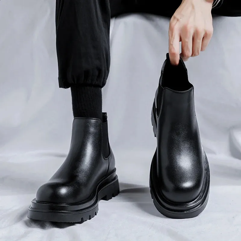 Men's Platform Chelsea Boots Leather High Top Elevator Shoes_voghion.com