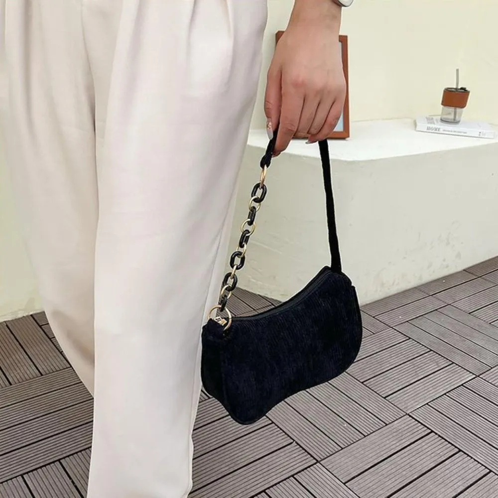 Hobo Chain Corduroy Shoulder Bag Korean Style Solid Color Crossbody Storage Makeup Lipstick Veet Underarm_voghion.com