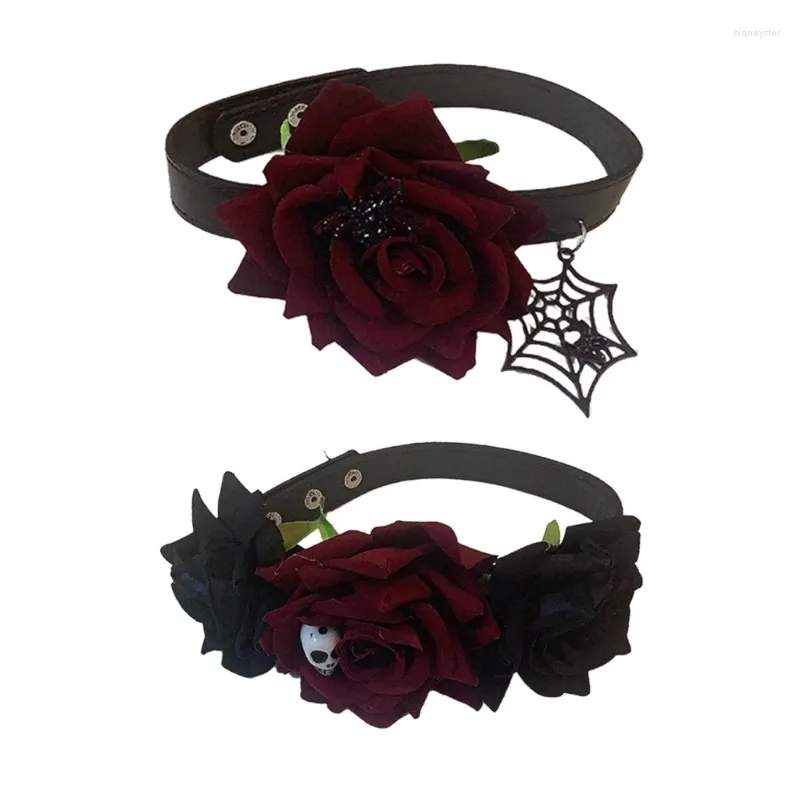 Gothic Rose Choker Necklace With Spiderweb And Skull Details_voghion.com