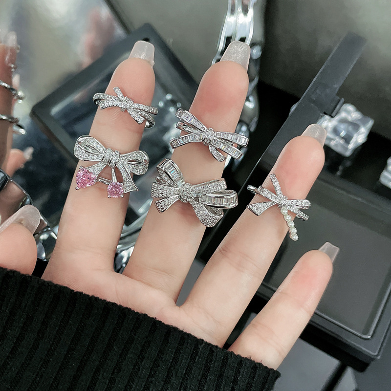 High end Light Luxury Full Diamond Zircon Bow Sweet Cool Open Female Instagram Cold Elegant Elegance Small and Popular_voghion.com