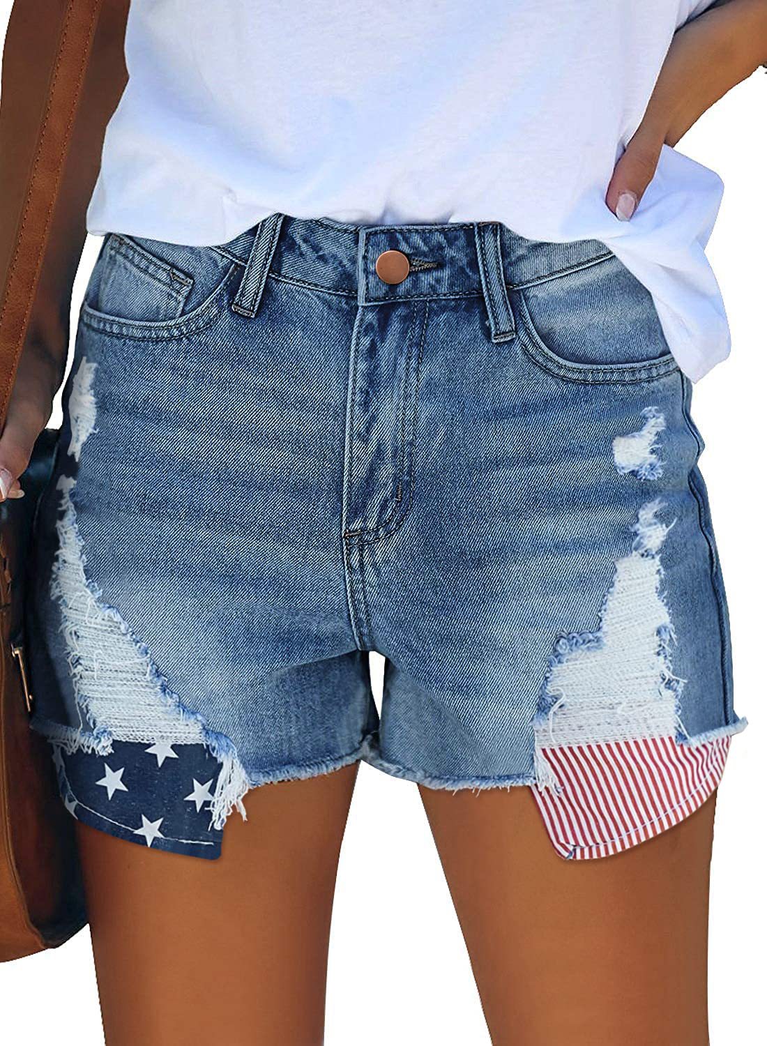 pocket stars and stripes flag ripped tassel jeans short_voghion.com