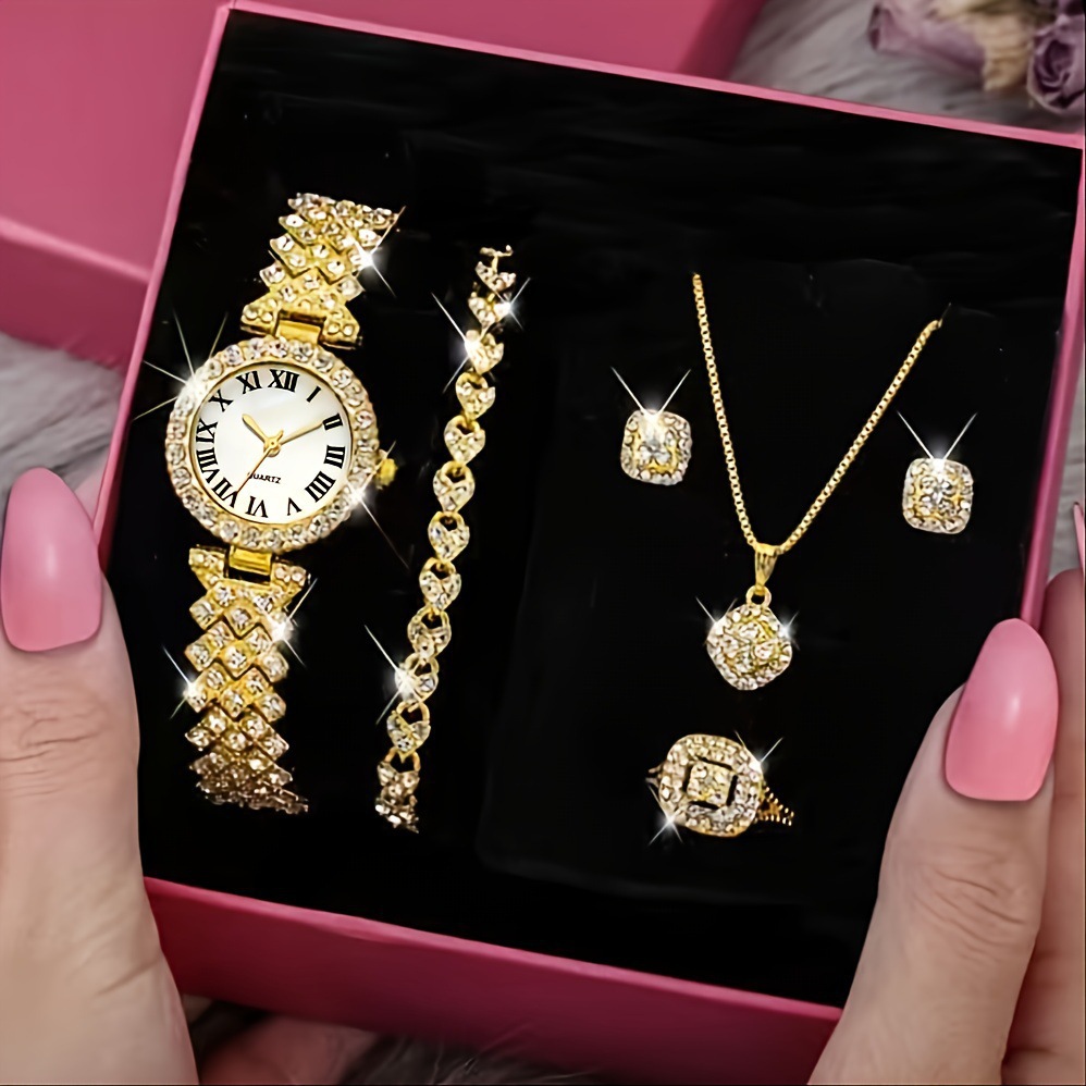 Nuevo reloj de pulsera de lujo con diamantes para mujer, reloj de cuarzo, exquisito conjunto de cinco piezas
