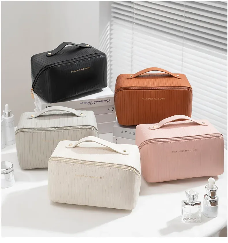 Nuovo arrivo, cuscino a righe verticali, da donna, grande capacità, portatile, organizer da viaggio per trucchi e articoli da toeletta._voghion.com