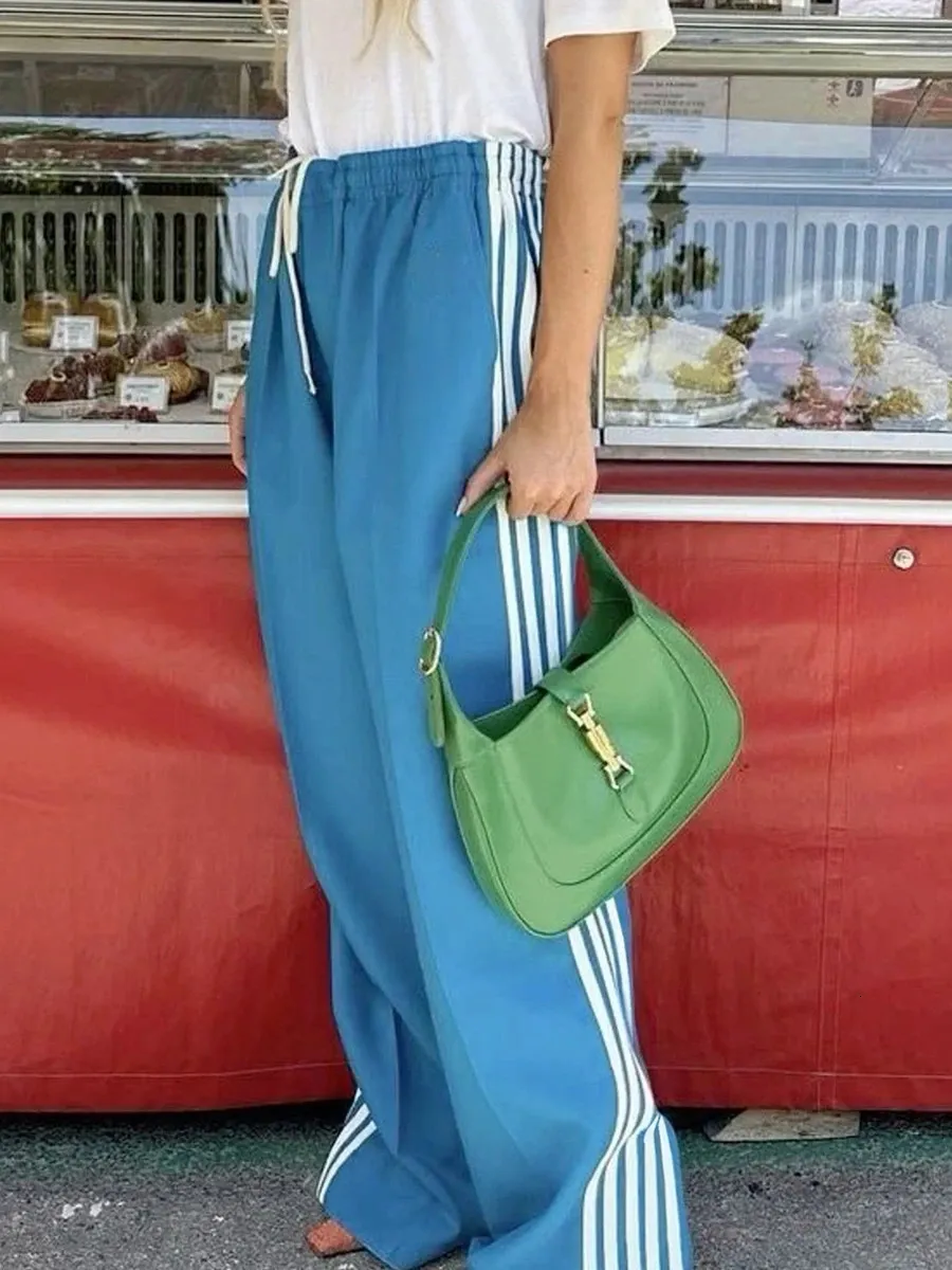 Women Y2k Wide Leg Track Pants Baggy Side Striped Joggers Sweatpants Elastic Waist Color Block Parachute With Pockets_voghion.com