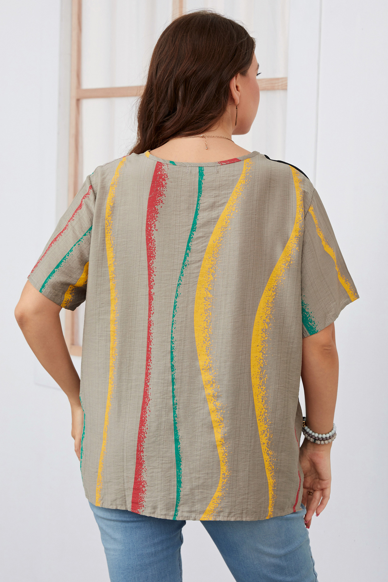 Women's striped contrast color large size women's shirt slim round neck women's clothing_voghion.com