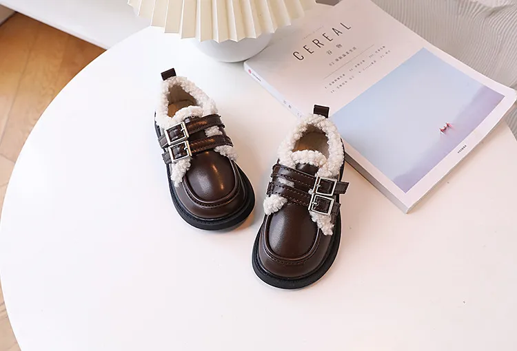 Children Leather Loafers For Boys Girls Winter Thick Soled Lamb Wool Warm Girl Uniform Princess School Cotton Shoes_voghion.com