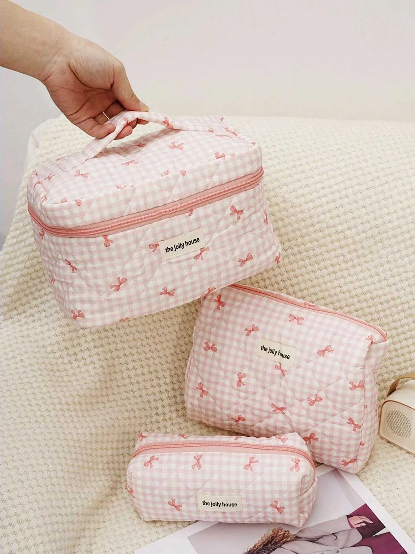 1 Set süßer Schleifen-Organizer, multifunktionale Geldbörse, tragbare Aufbewahrungstasche für Pinsel, Reise-Make-up-Tasche für die Hautpflege, Y241023_voghion.com