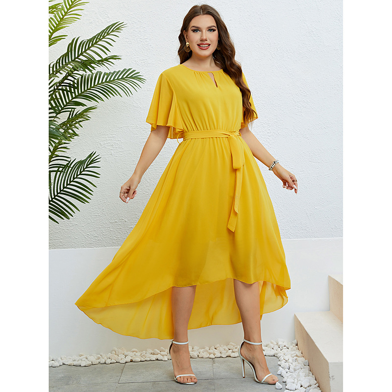 Women's yellow V-neck tie waist dress for women_voghion.com