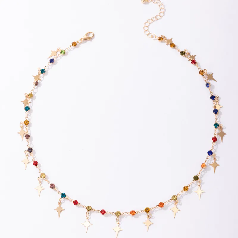 Μοντέρνο κολιέ Chocker Star, μοντέρνα πολύχρωμη κρυστάλλινη αλυσίδα, ρετρό μενταγιόν, χρυσό μεταλλικό Boho κοσμήματα, αλυσίδες_voghion.com