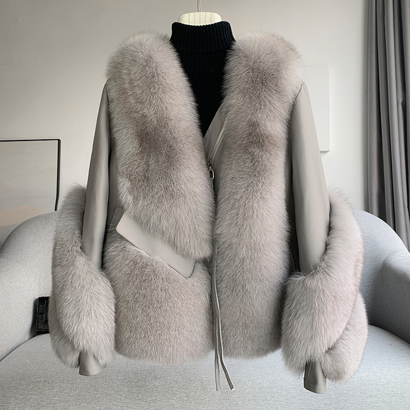​​Women’s Short Shearling & Fox Fur Coat – Genuine Leather Outer With Luxe Fox Fur Lining, Elegant Winter Jacket For Fashion