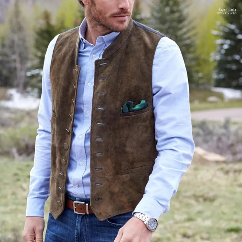 Kamizelki męskie Kamizelka garniturowa Kawa Zamsz Czarny Jednorzędowa Slim Fit Kamizelka Casual Formalna Męska Odzież Steampunk Kare22_voghion.com