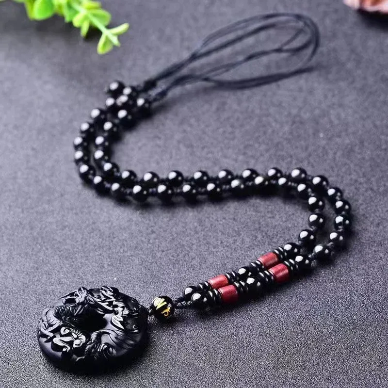 Anhänger Halsketten Natürlicher Obsidian Domineering Dragon Jade Schmuck Glücksverheißendes Amulett Halskette Fein_voghion.com