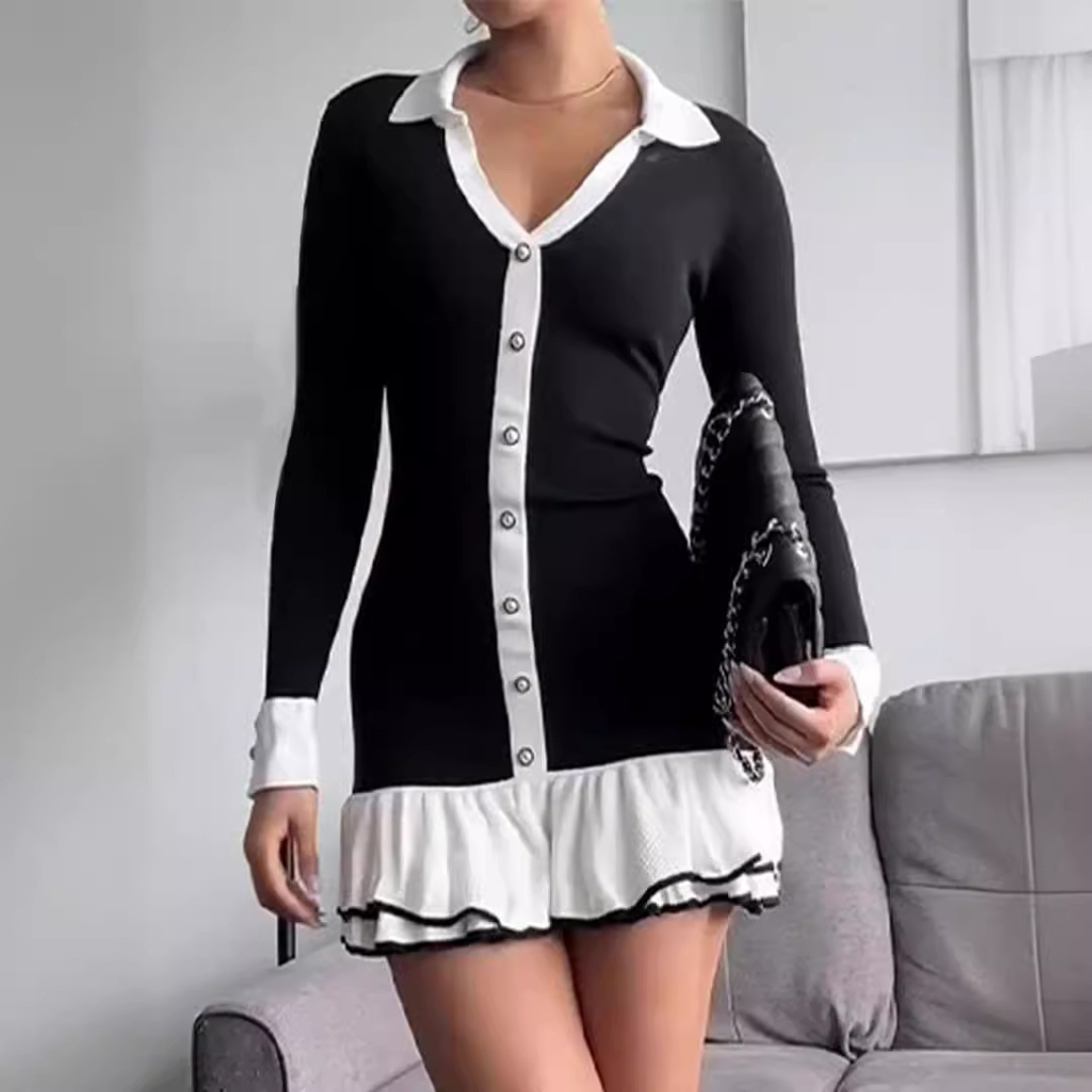 Ropa de mujer Vestido estilo fragancia pequeña con falda de punto con volantes y botones de perla y manga larga