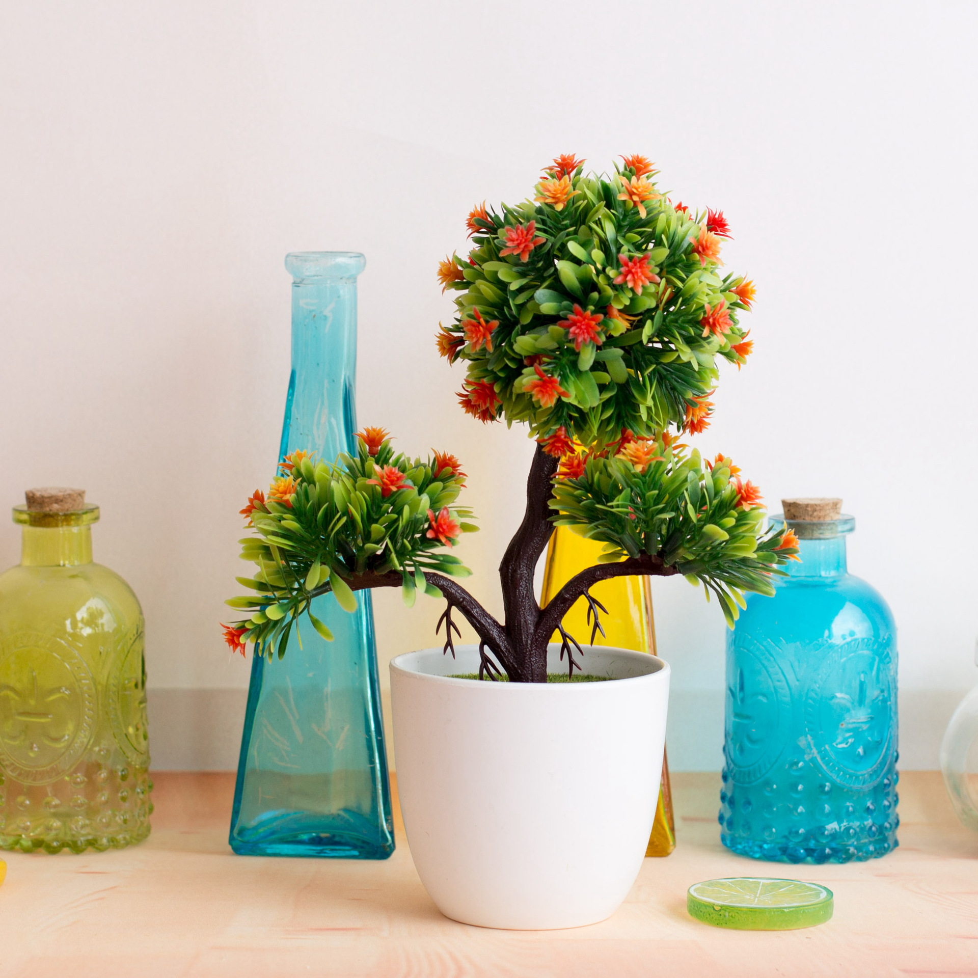 Ornamenti di piante bonsai di susino a 3 punte, palla di albero artificiale, decorazione floreale per interni, decorazione da tavolo, pianta verde, fiore artificiale_voghion.com