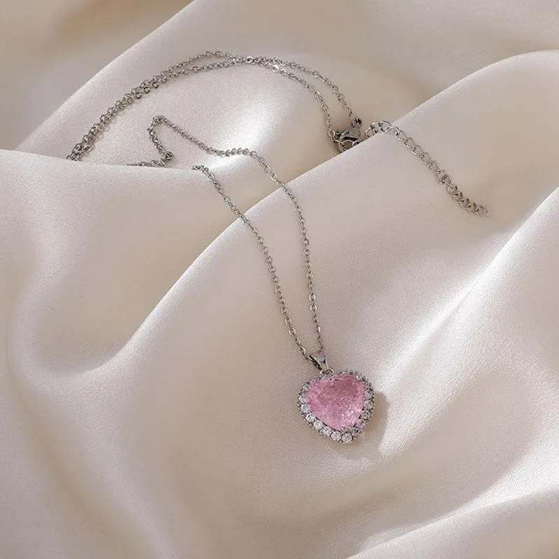 Collares colgantes de moda coreana con circonita rosa para mujer, gargantilla de cadena de clavícula dulce, joyería vintage Kpop_voghion.com