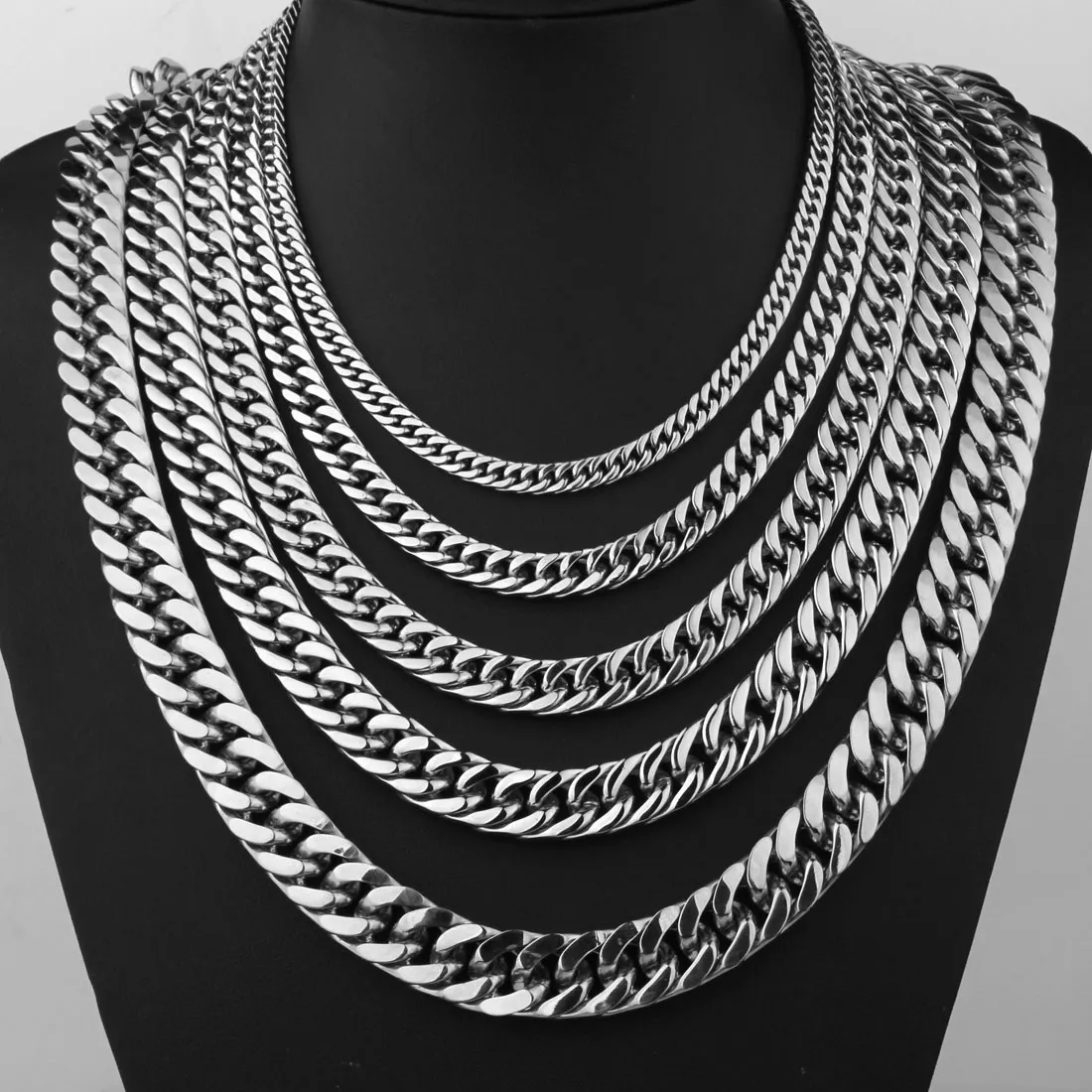 Chaînes 8/10/12/15/17/19MM de large en acier inoxydable couleur argent chaîne cubaine pour hommes et femmes collier ou bracelet 7-40" bijoux_voghion.com