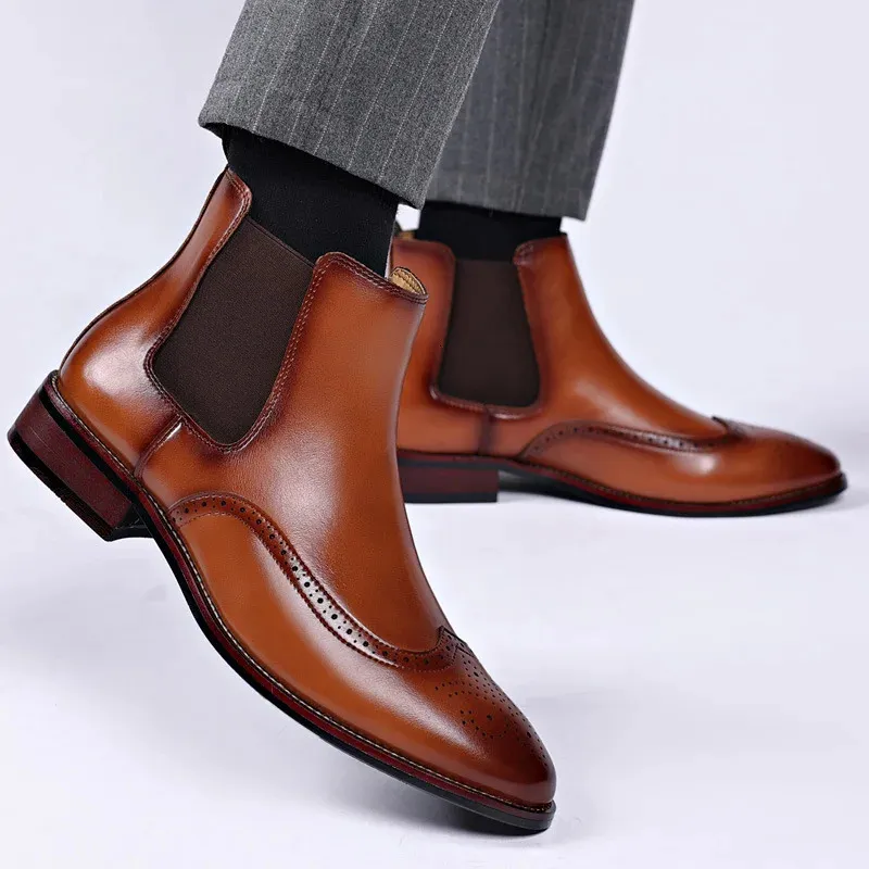 Erkek Klasik Retro Botlar Brogue Deri Bilek Erkek Moda İngiliz Stili Kısa Günlük İş Ayakkabıları 240611_voghion.com