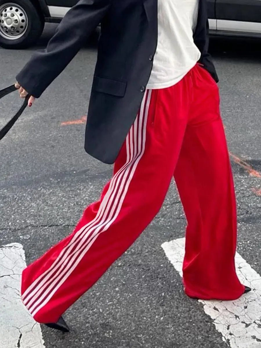 Women's Pants Women Y2k Wide Leg Track Baggy Striped Joggers Sweatpants Elastic Waist Color Block Parachute With Pockets_voghion.com