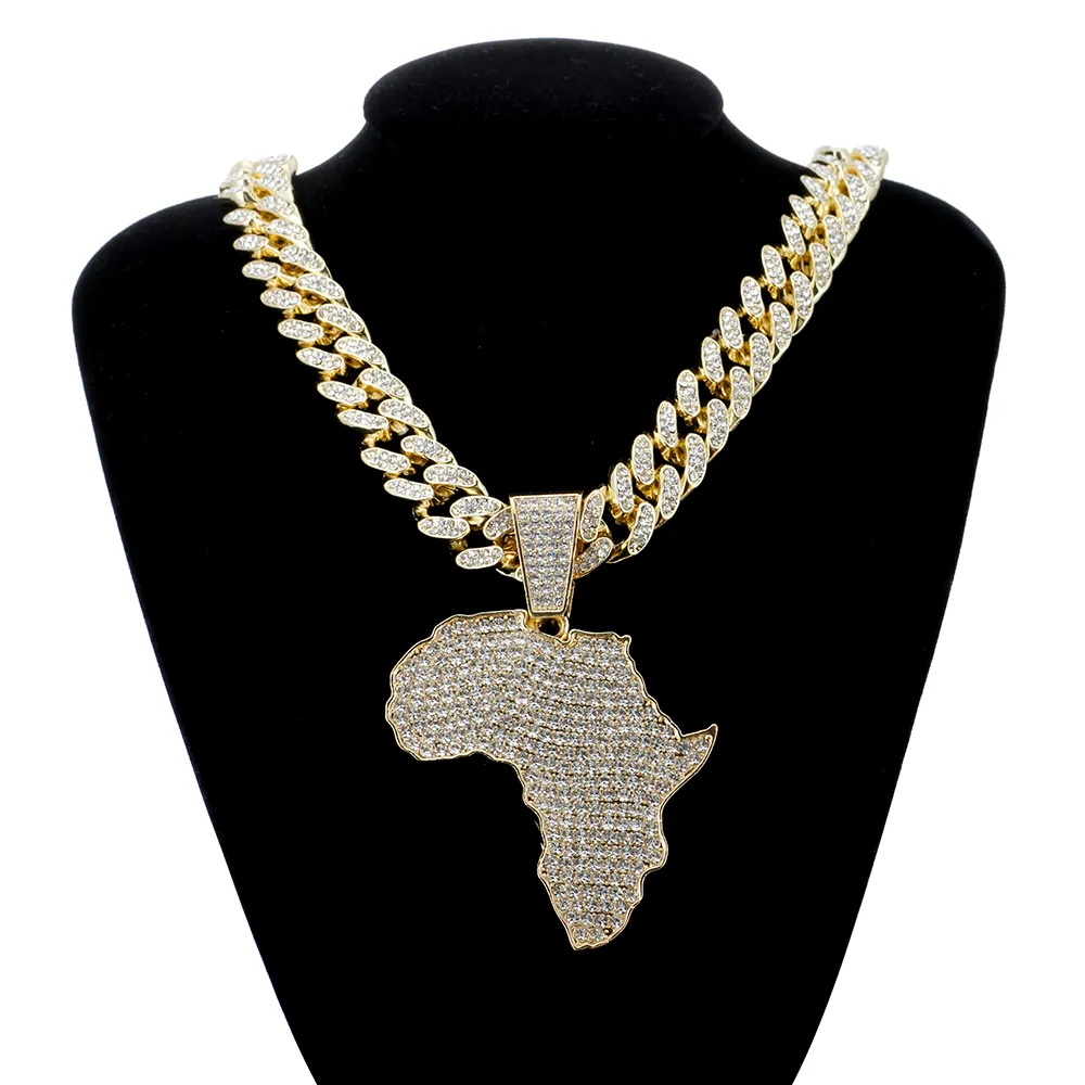 Mode Kristall Afrika Karte Anhänger Für Frauen Männer Hip Hop Zubehör Schmuck Halskette Choker Cuban k Kette Geschenk_voghion.com