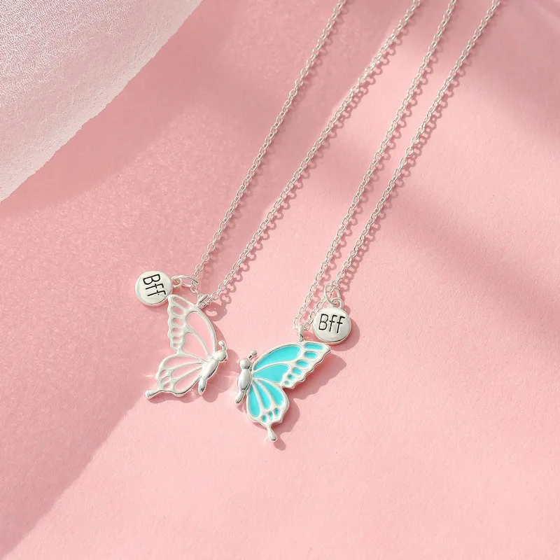 Pendant Necklaces 2PCS Cartoon BFF Couple Avocado Butterfly Dolphin Friends Chains Pandent Necklace Fashion Kids_voghion.com