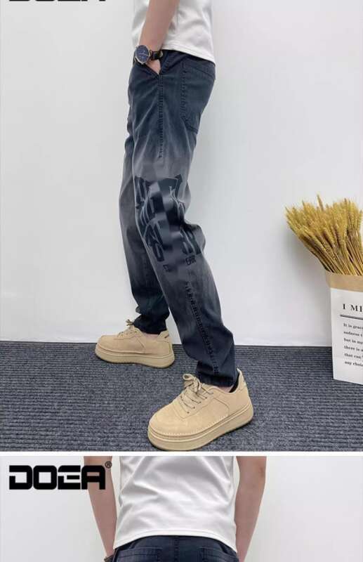 New Trend Korean Spring Gradient Wash Printed Casual Cowboy Men's Fashion Rascal Handsome Pants Men_mkmklike.com