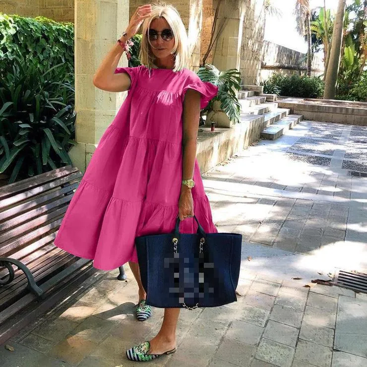 Dam boho sommarklänning veckad lång lös plus size vit_voghion.com